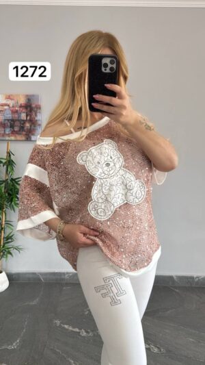 Women's Teddy Bear Graphic Knit Top with White Trim