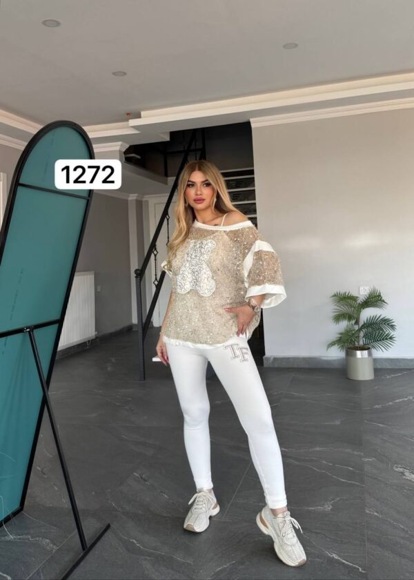 Women's Teddy Bear Graphic Knit Top with White Trim