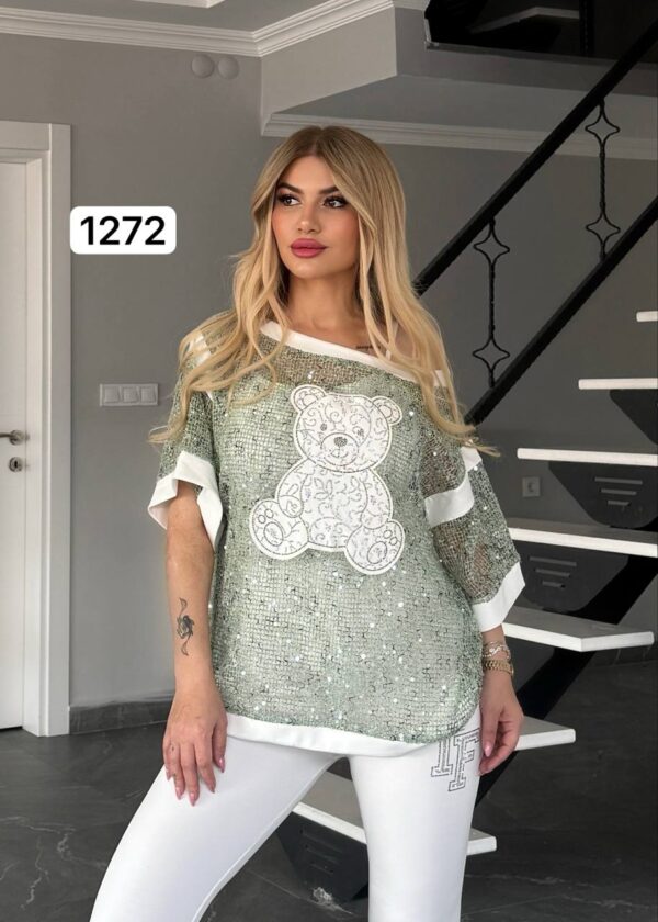 Women's Teddy Bear Graphic Knit Top with White Trim