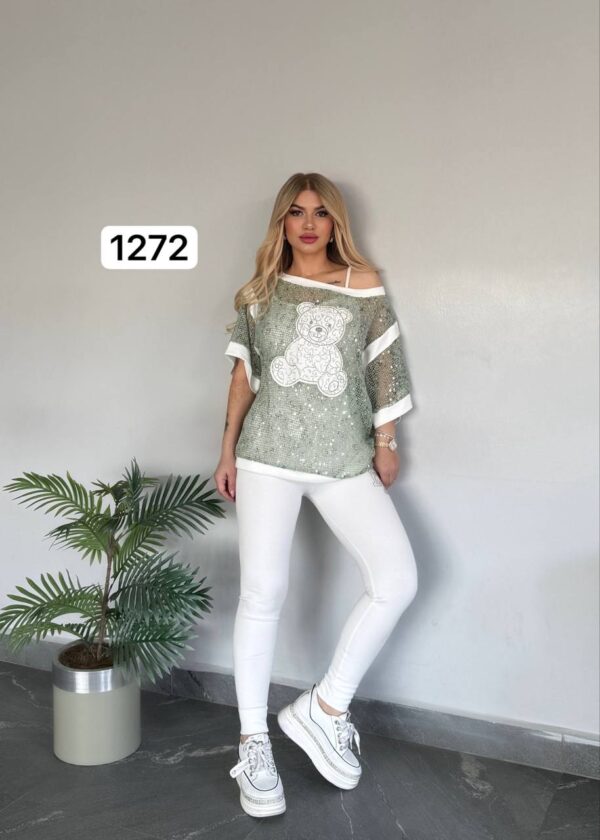 Women's Teddy Bear Graphic Knit Top with White Trim