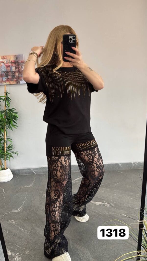 Women's Black Lace Two-Piece Set with Rhinestone Embellished Top Women's Black Lace Two-Piece Set with Rhinestone Embellished Top