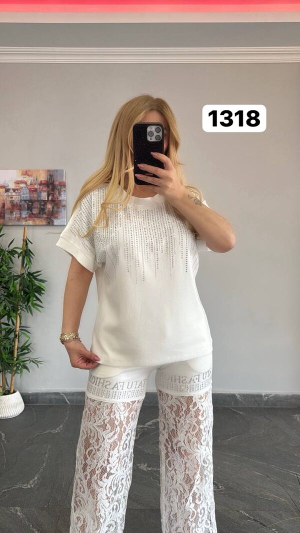 Women's Black Lace Two-Piece Set with Rhinestone Embellished Top Women's Black Lace Two-Piece Set with Rhinestone Embellished Top