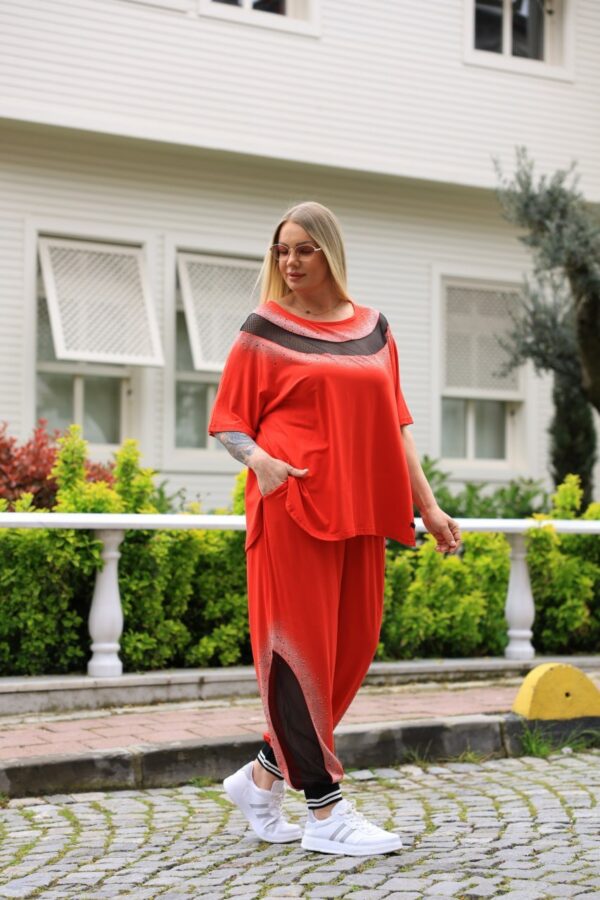 Rhinestone Embellished Mesh Panel Loungewear Set