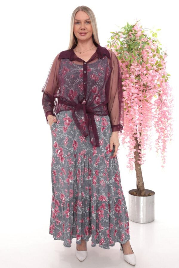 Floral Print Maxi Dress with Sheer Tie-Front Blouse Set Floral Print Maxi Dress with Sheer Tie-Front Blouse Set
