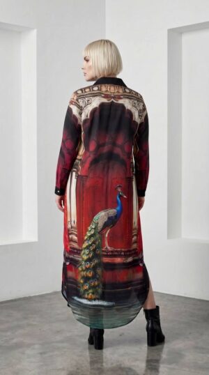 Designer Printed Shirt Dress with Peacock Motif Designer Printed Shirt Dress with Peacock Motif