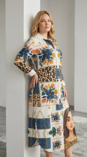 Premium Mixed Print Shirt Dress