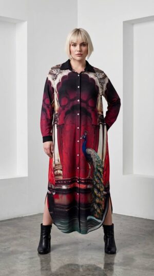 Designer Printed Shirt Dress with Peacock Motif