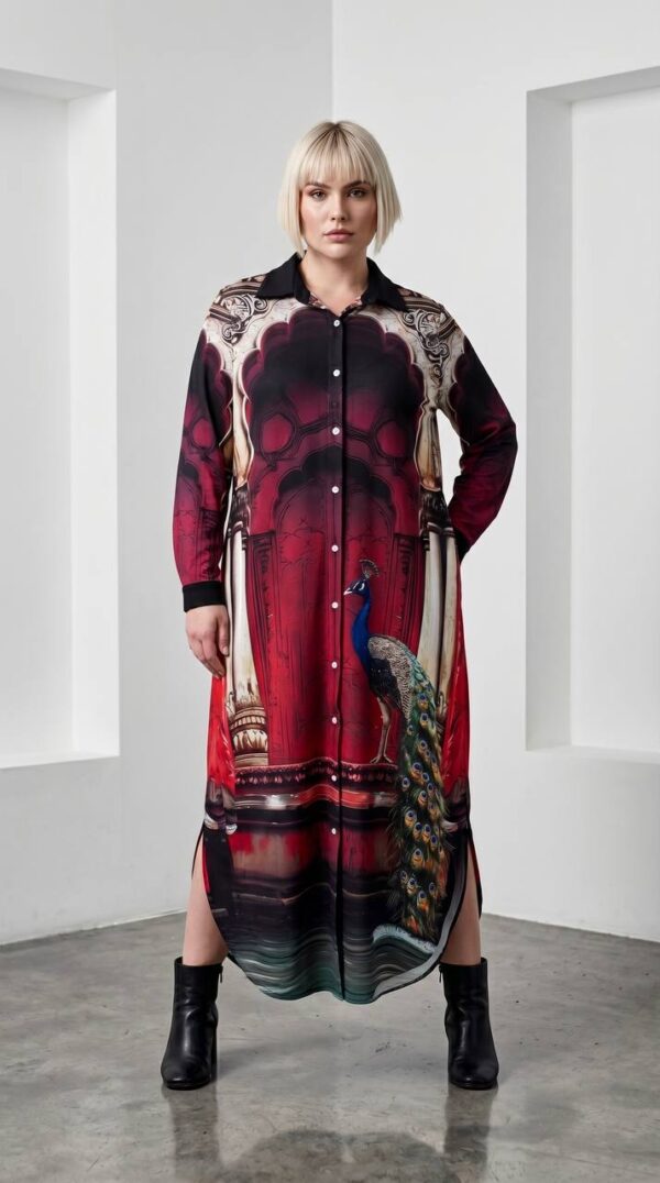 Designer Printed Shirt Dress with Peacock Motif Designer Printed Shirt Dress with Peacock Motif