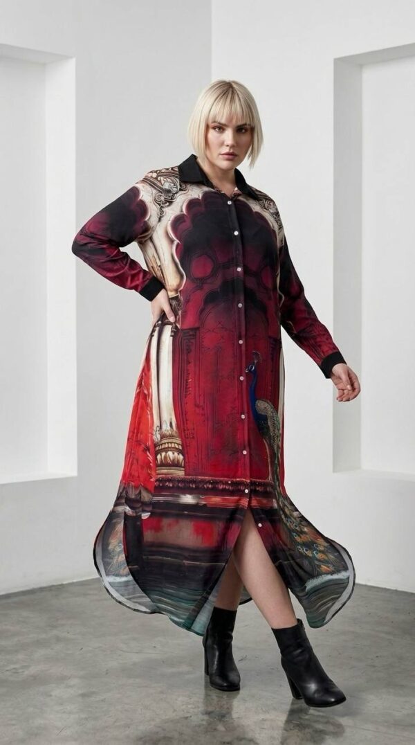 Designer Printed Shirt Dress with Peacock Motif Designer Printed Shirt Dress with Peacock Motif