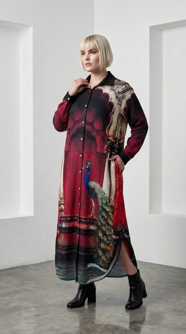 Designer Printed Shirt Dress with Peacock Motif Designer Printed Shirt Dress with Peacock Motif