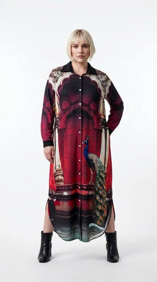 Designer Printed Shirt Dress with Peacock Motif Designer Printed Shirt Dress with Peacock Motif