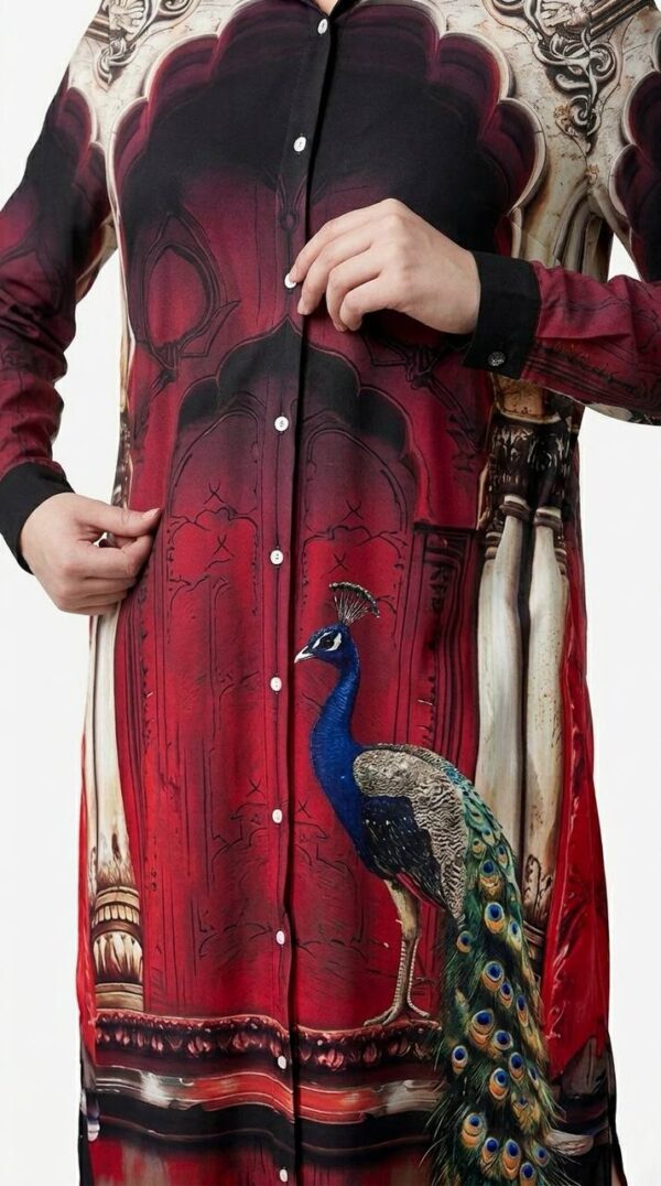 Designer Printed Shirt Dress with Peacock Motif Designer Printed Shirt Dress with Peacock Motif