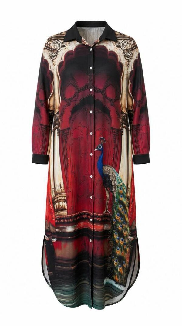 Designer Printed Shirt Dress with Peacock Motif Designer Printed Shirt Dress with Peacock Motif