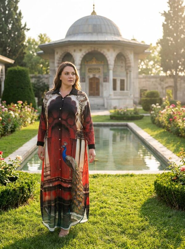 Designer Printed Shirt Dress with Peacock Motif Designer Printed Shirt Dress with Peacock Motif