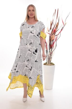 Premium Newspaper Print Dress with Yellow Accents