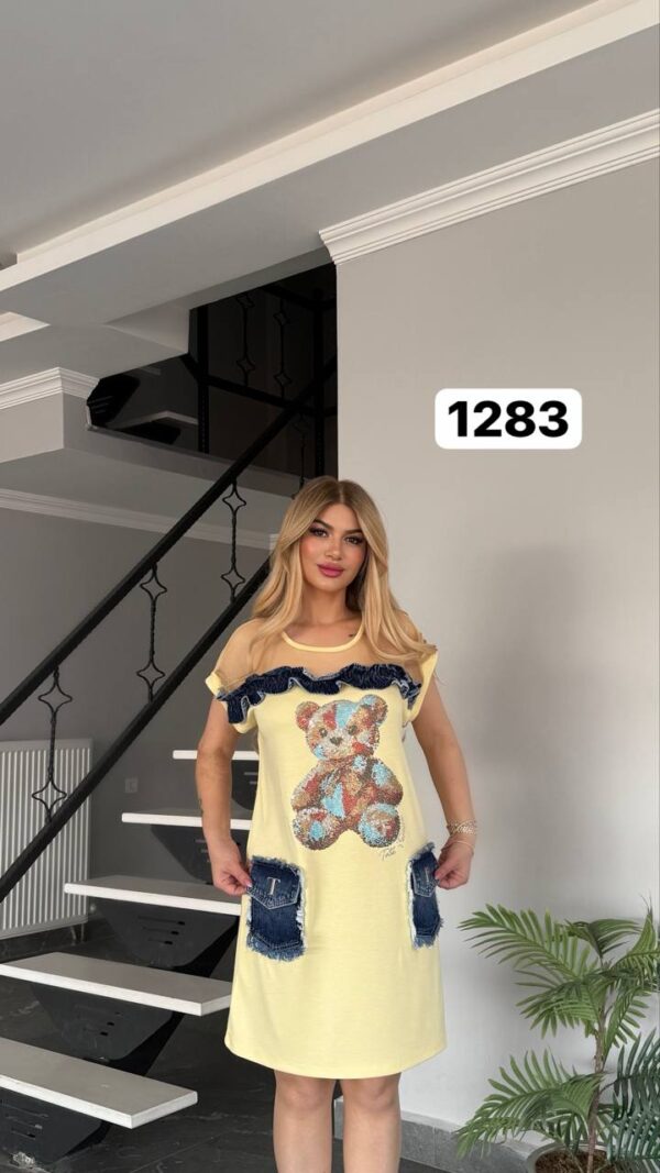 Yellow Teddy Bear Graphic Dress with Denim Pockets Yellow Teddy Bear Graphic Dress with Denim Pockets