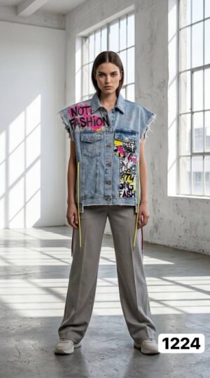 TATU1224 Distressed Denim Vest with Graphic Prints TATU1224 Distressed Denim Vest with Graphic Prints