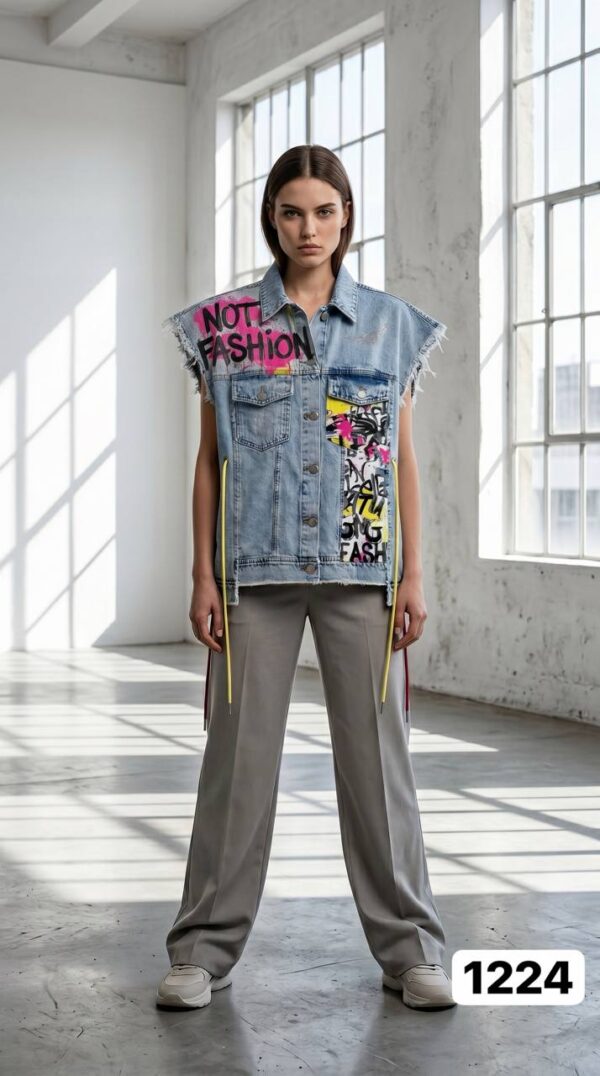 TATU1224 Distressed Denim Vest with Graphic Prints TATU1224 Distressed Denim Vest with Graphic Prints