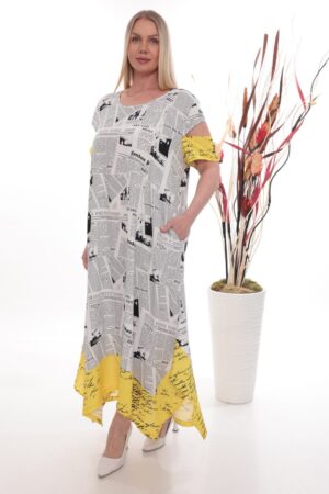 Premium Newspaper Print Dress with Yellow Accents