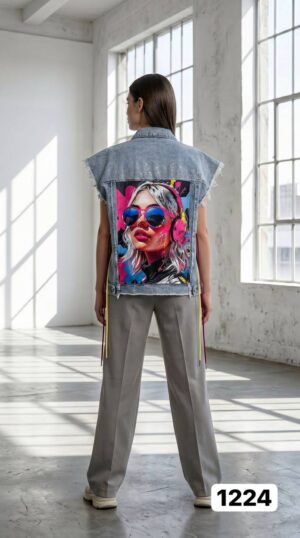 TATU1224 Distressed Denim Vest with Graphic Prints