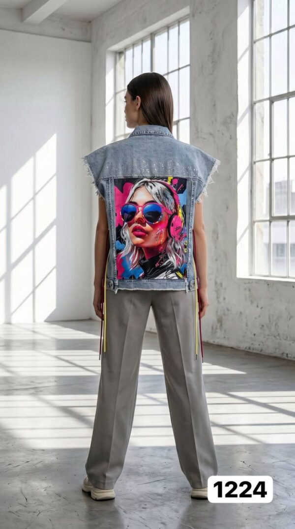 TATU1224 Distressed Denim Vest with Graphic Prints TATU1224 Distressed Denim Vest with Graphic Prints