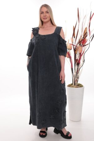 Premium Black Denim Cold Shoulder Dress with Beaded Details