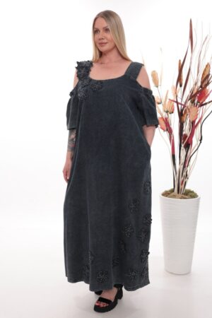 Premium Black Denim Cold Shoulder Dress with Beaded Details