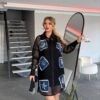 Black Mesh Shirt Dress with Denim Patches Black Mesh Shirt Dress with Denim Patches