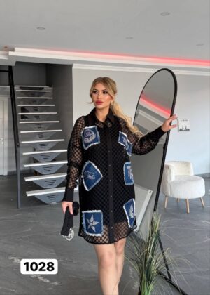Black Mesh Shirt Dress with Denim Patches Black Mesh Shirt Dress with Denim Patches