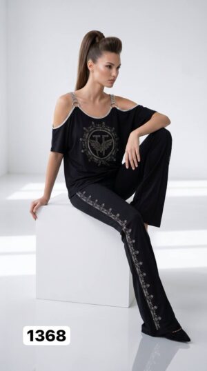 Women's Black Embellished Top & Bottom Set - Premium Wholesale Women's Black Embellished Top & Bottom Set - Premium Wholesale