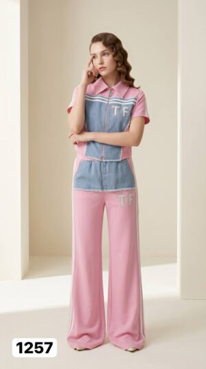 Premium Denim Color-Block Top & Bottom Set