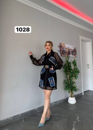 Black Mesh Shirt Dress with Denim Patches