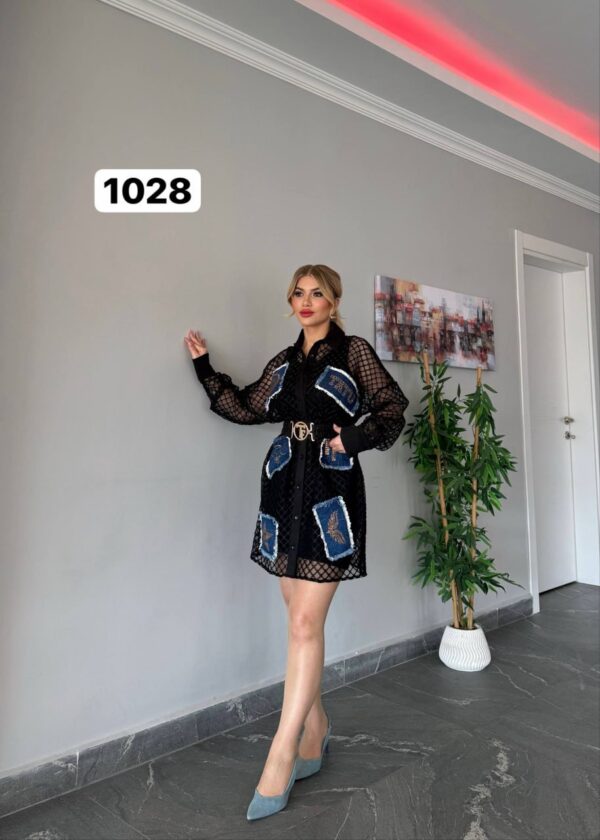 Black Mesh Shirt Dress with Denim Patches Black Mesh Shirt Dress with Denim Patches