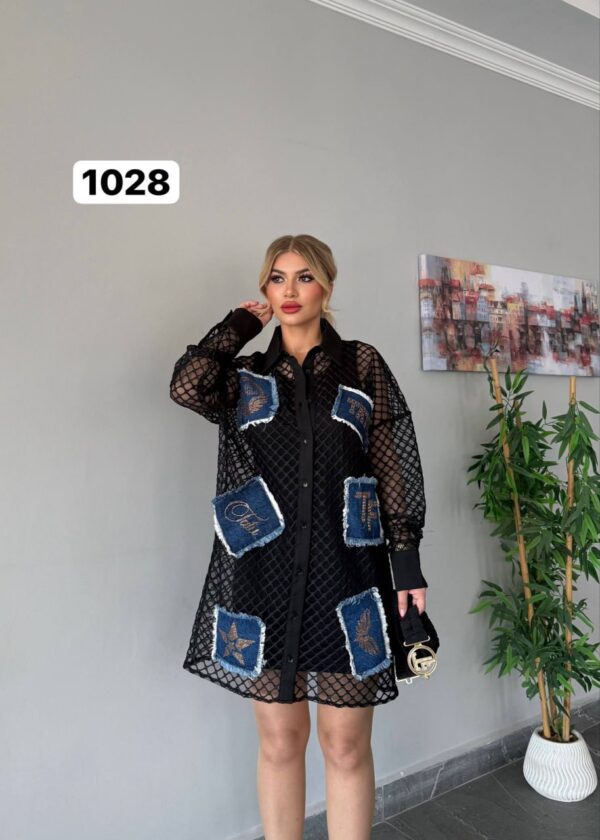 Black Mesh Shirt Dress with Denim Patches Black Mesh Shirt Dress with Denim Patches