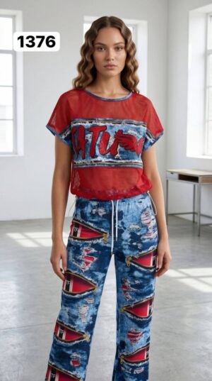 TATU1376 Red & Blue Distressed Two-Piece Set – Wholesale TATU1376 Red & Blue Distressed Two-Piece Set - Wholesale