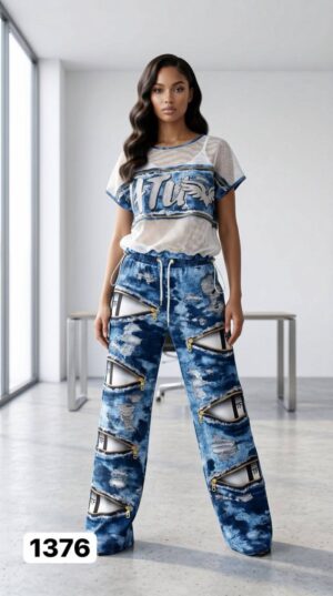 TATU1376 Red & Blue Distressed Two-Piece Set - Wholesale