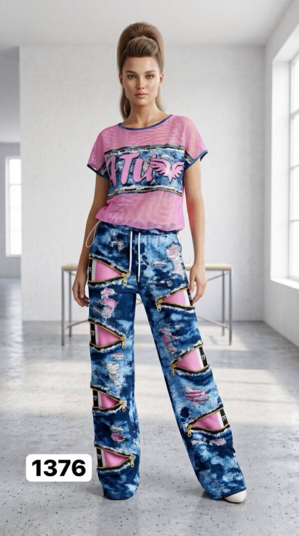 TATU1376 Red & Blue Distressed Two-Piece Set - Wholesale