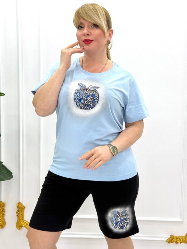 Premium Rhinestone Apple Graphic T-Shirt & Shorts Set
