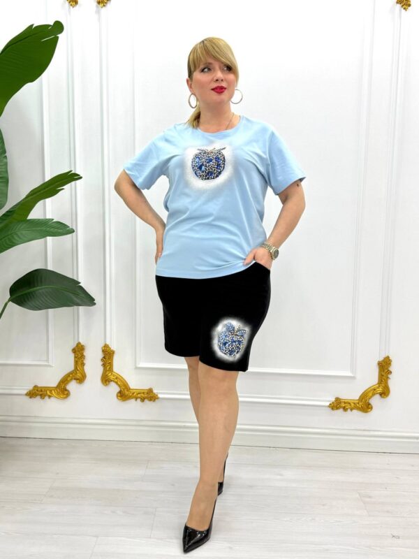 Premium Rhinestone Apple Graphic T-Shirt & Shorts Set