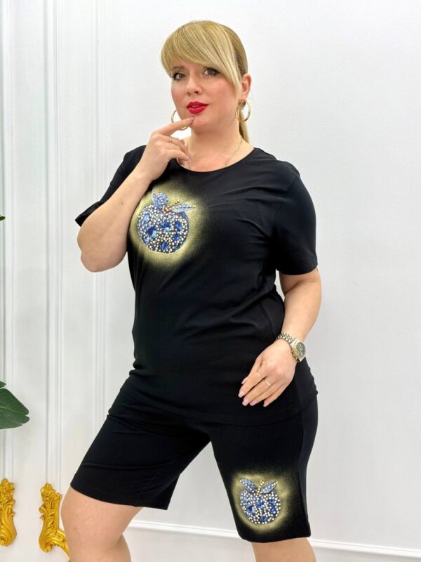 Premium Rhinestone Apple Graphic T-Shirt & Shorts Set