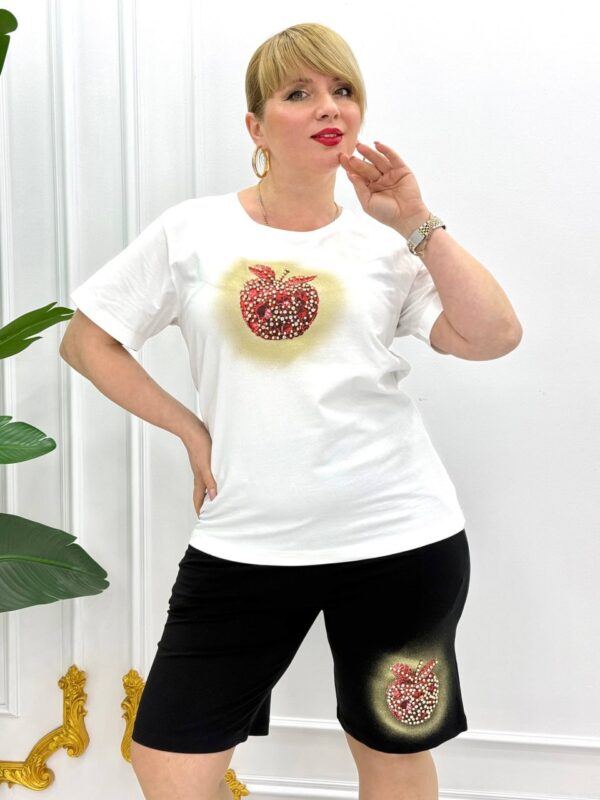 Premium Rhinestone Apple Graphic T-Shirt & Shorts Set
