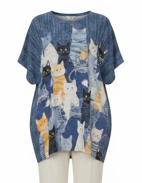 Premium Cat Print Blouse - Casual Oversized Fit