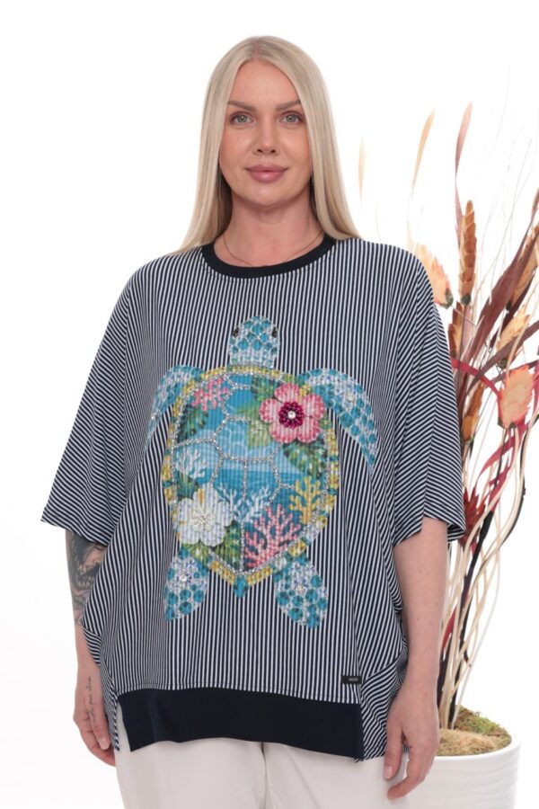 Premium Striped Floral Blouse with Asymmetric Cut Premium Striped Floral Blouse with Asymmetric Cut