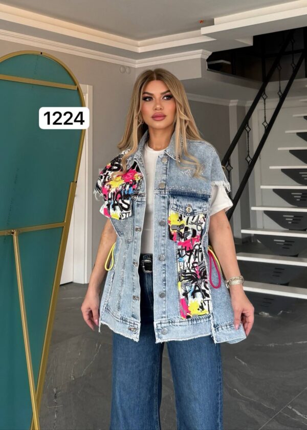 TATU1224 Distressed Denim Vest with Graphic Prints TATU1224 Distressed Denim Vest with Graphic Prints