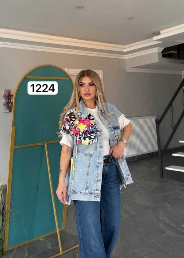 TATU1224 Distressed Denim Vest with Graphic Prints TATU1224 Distressed Denim Vest with Graphic Prints