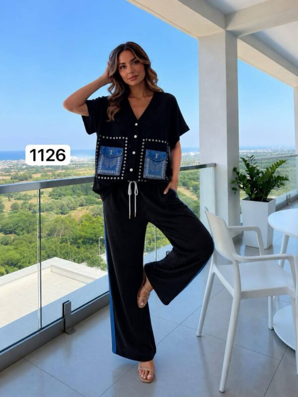 TATU1126 Premium Black Two-Piece Set with Denim Pocket Detail TATU1126 Premium Black Two-Piece Set with Denim Pocket Detail