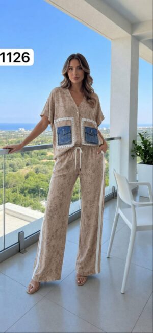 TATU1126 Premium Black Two-Piece Set with Denim Pocket Detail