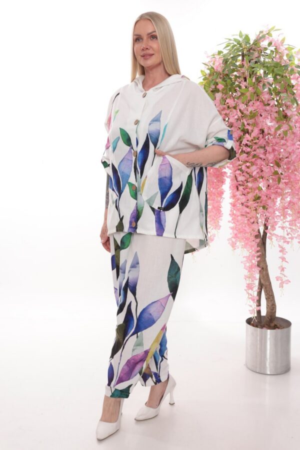 Watercolor Leaf Print Hooded Tunic Top & Bottom Set Watercolor Leaf Print Hooded Tunic Top & Bottom Set
