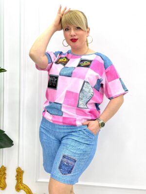 Women's Checkered Top & Denim Shorts Set