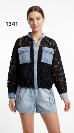 TATU1341 Lace & Denim Hybrid Jacket with Cargo Pockets TATU1341 Lace & Denim Hybrid Jacket with Cargo Pockets